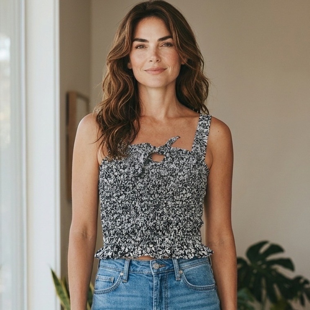 Sienna Sky Black White Floral Smocked Tank Top Cottagecore Coquette Bohemian M